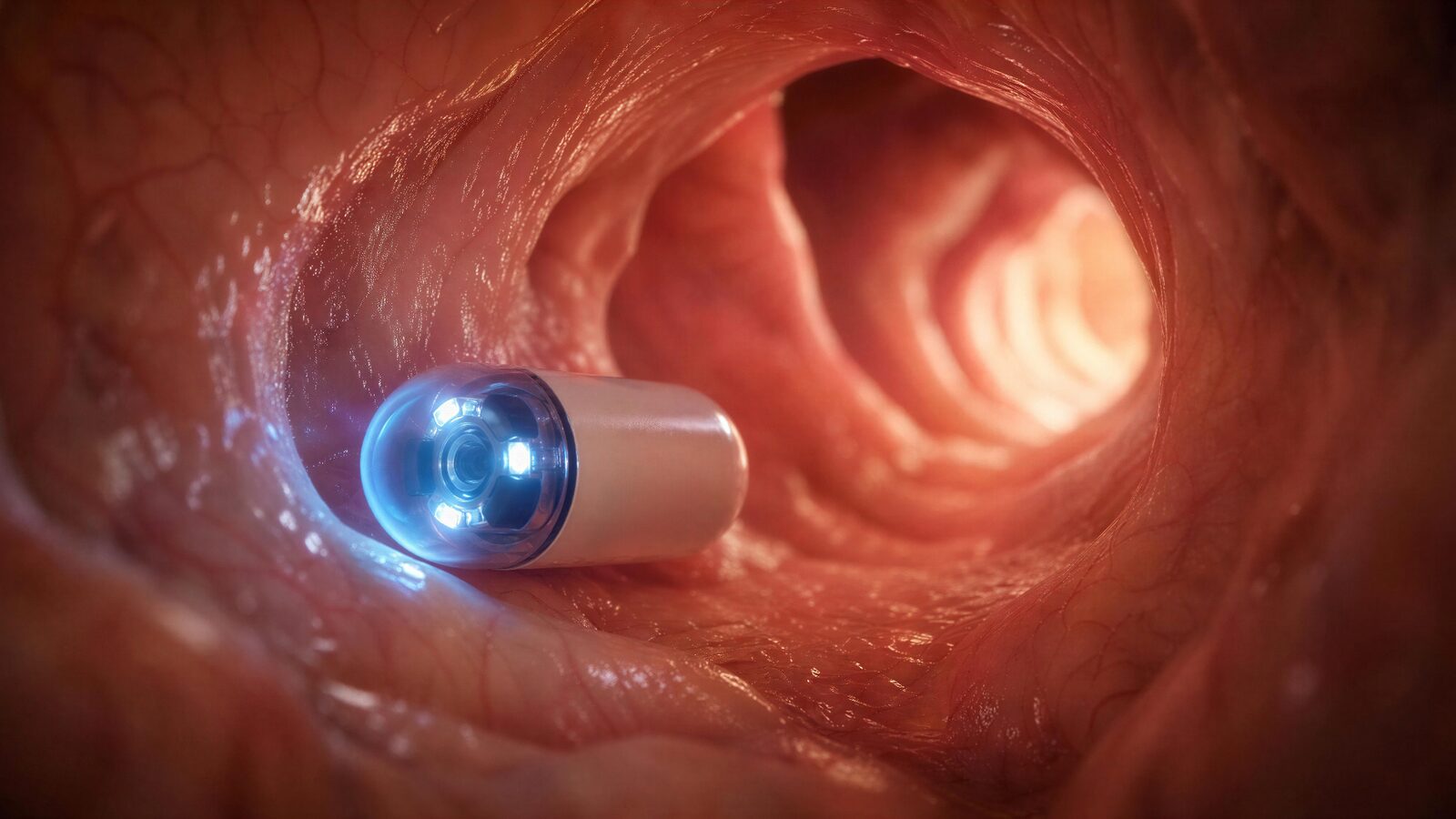 Uafklaret tarmblødning (OGIB): når gastroskopi og koloskopi ikke finder kilden Trådløs kapselendoskopi-pille (CapsoCam Plus) med lysende kamera fotograferer slimhinden inde i tyndtarmen ved udredning af uafklaret tarmblødning